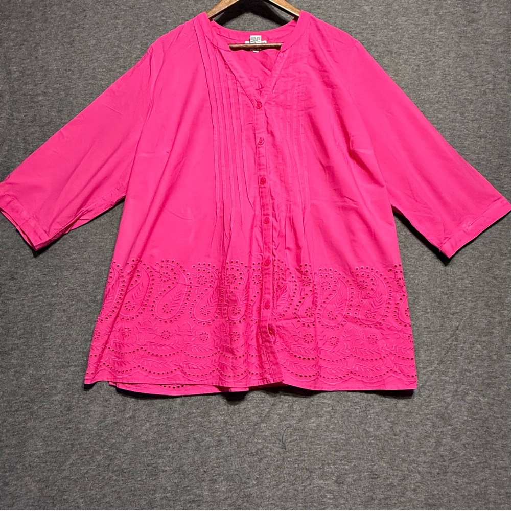 Women’s Catherines Pink Cotton Blouse 2XL Button Front Eyelet Hemline 3/4 Sleeve